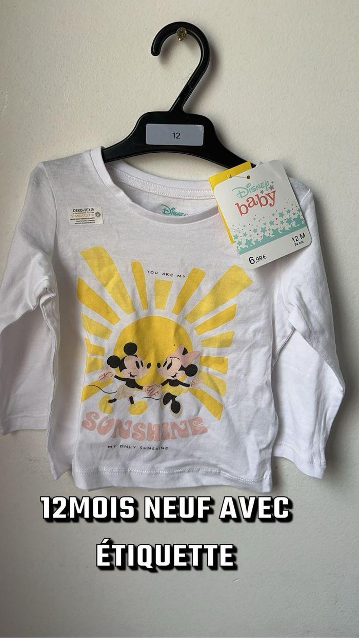 12 mois T-shirt manches longues bébé blanc Mickey Minnie soleil Disney Disneyland neuf étiquette