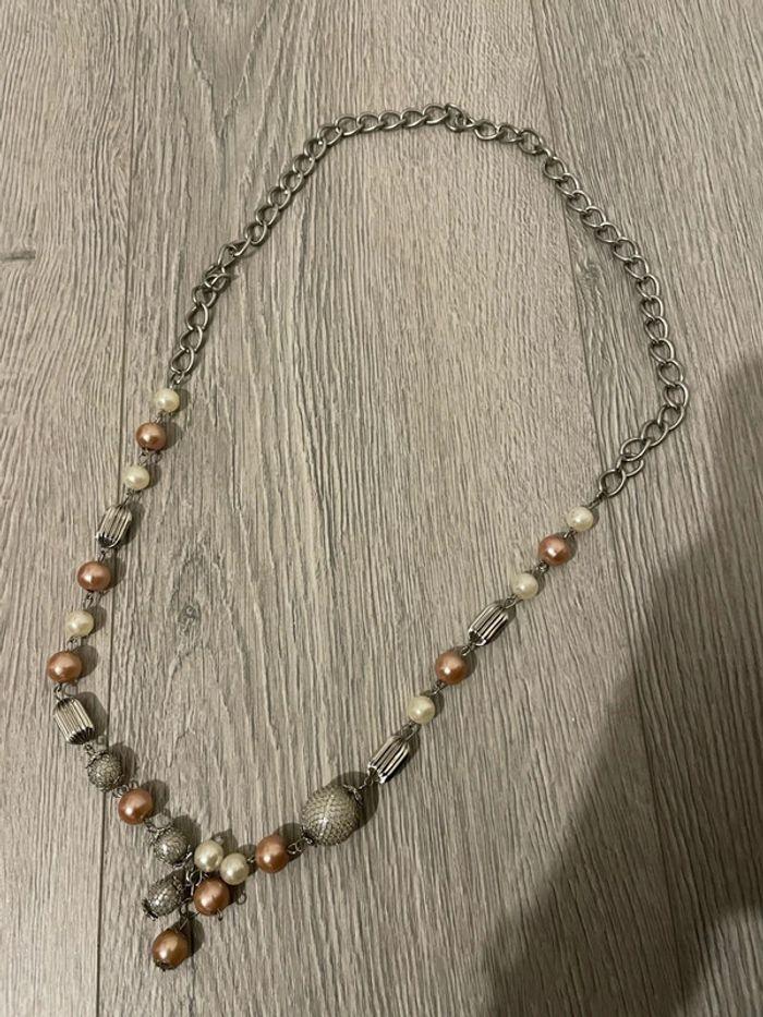 Collier sautoir gris argenté perles rose et blanc - photo numéro 3