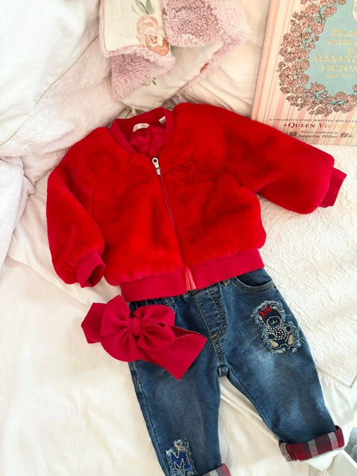 Ensemble bébé fille 3 mois manteau fourrure Minibanda pantalon jeans Monnalisa