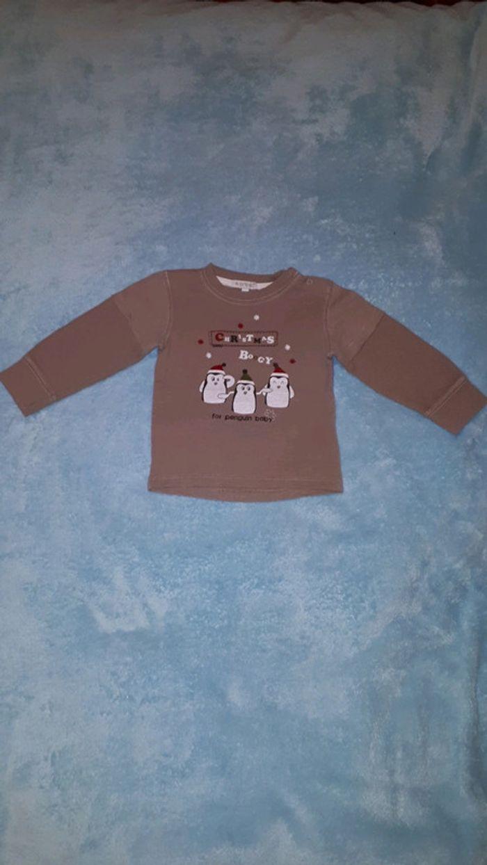 T-shirt manches longues marron glacé pingouins In Extenso 12 mois - photo numéro 1