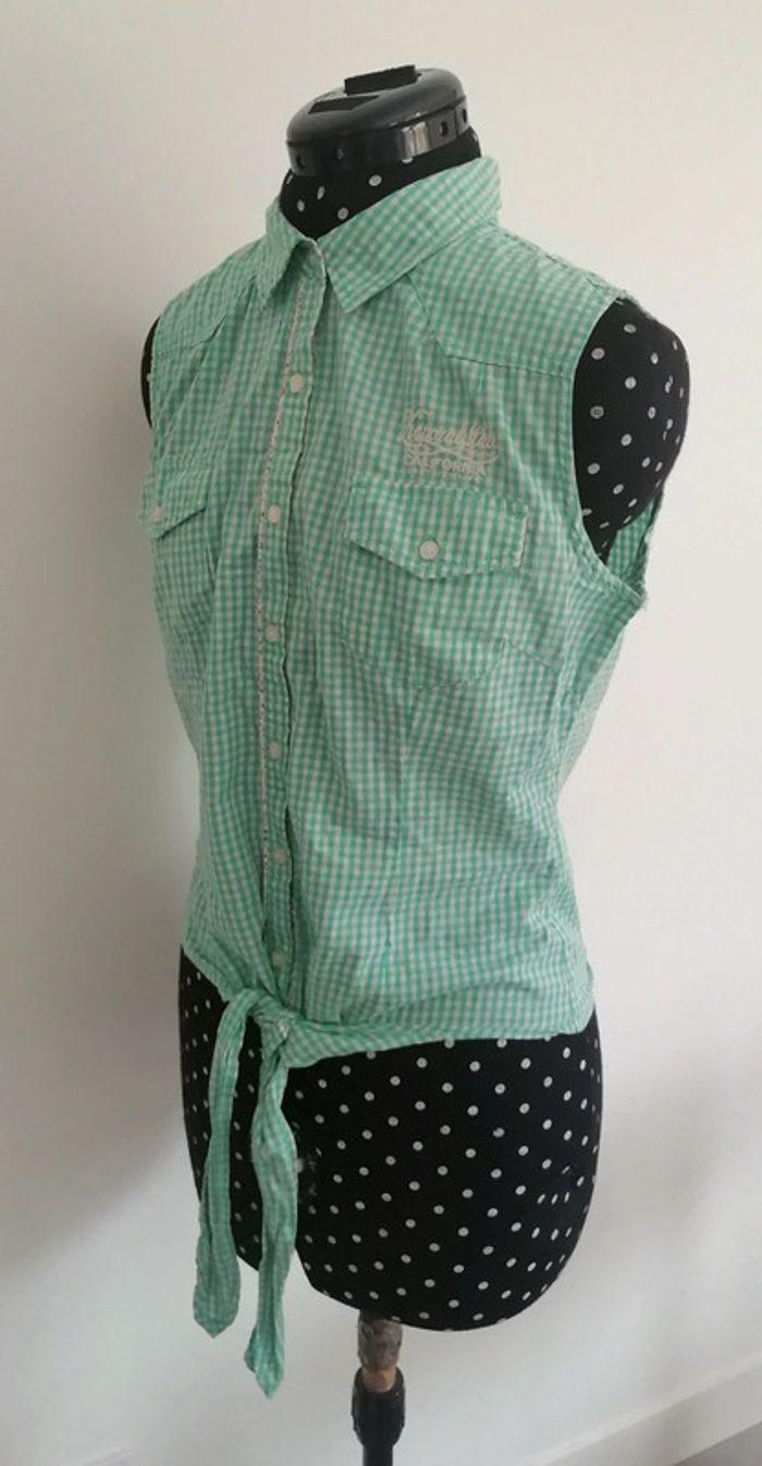 Top / chemise courte à noeuds vichy carreaux turquoise blanc Taille M Kaporal - photo numéro 8