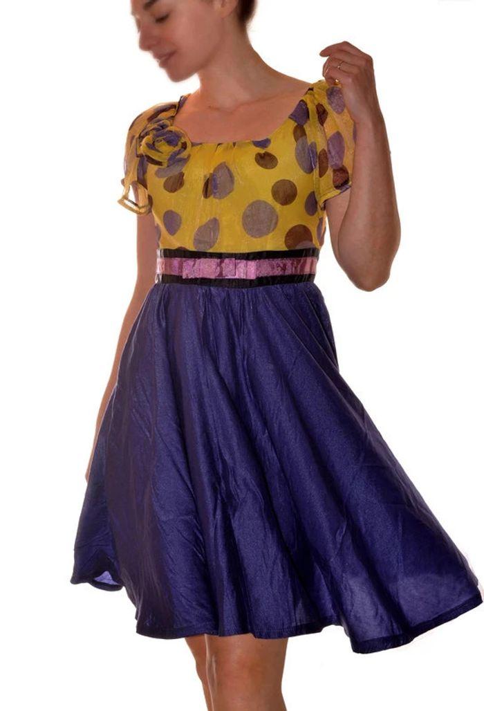 robe princesse originale violette et jaune à motif pois manches courtes taille S - photo numéro 1