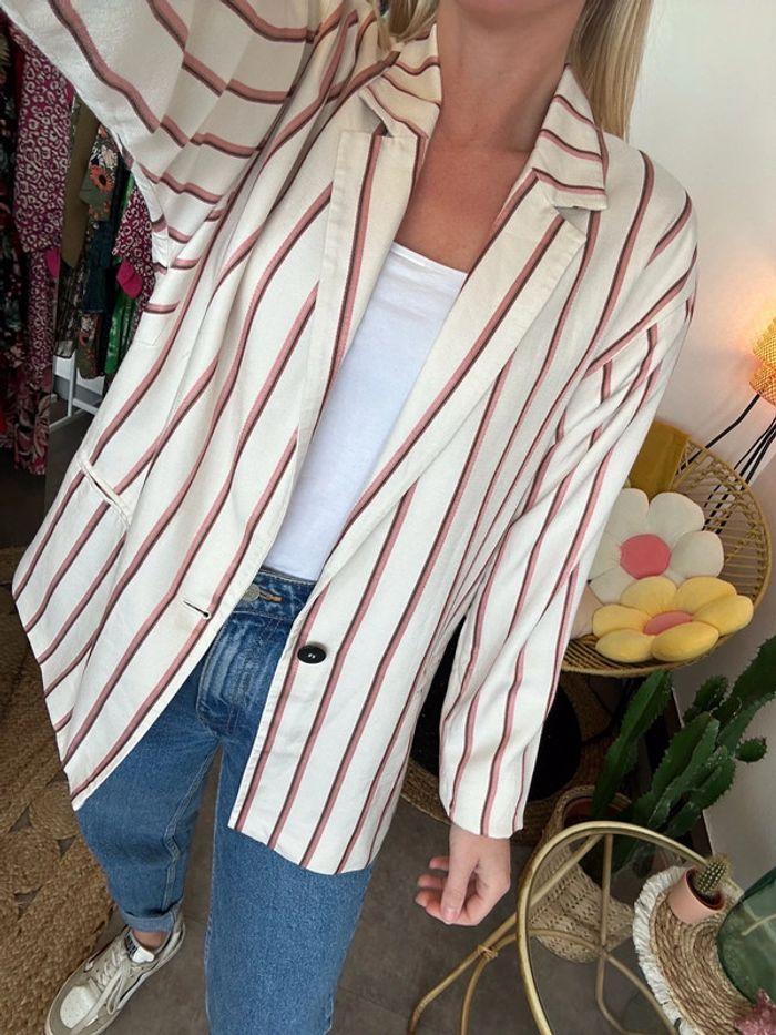 Blazer Mango crème à fines rayures taille XS oversize - photo numéro 2