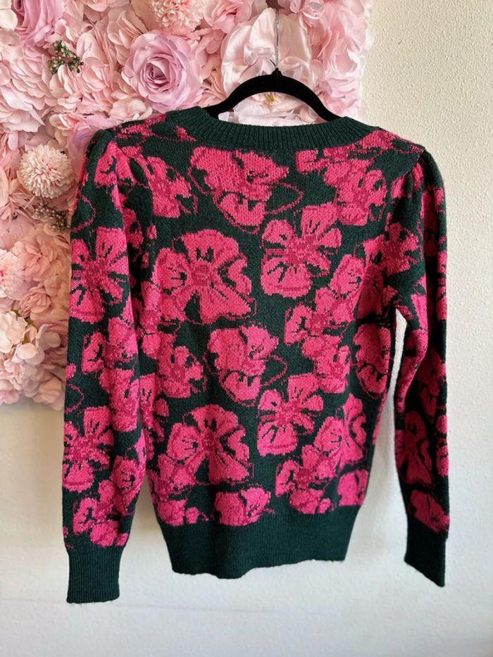 Pull Nafnaf en maille vert sapin à motifs fleuris roses, taille XS - photo numéro 5