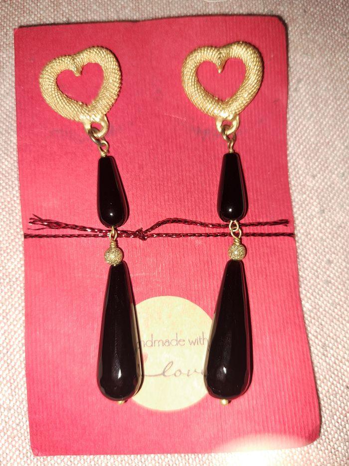 Boucles d oreilles pendantes gouttes onyx veritable et zamak doré - photo numéro 3