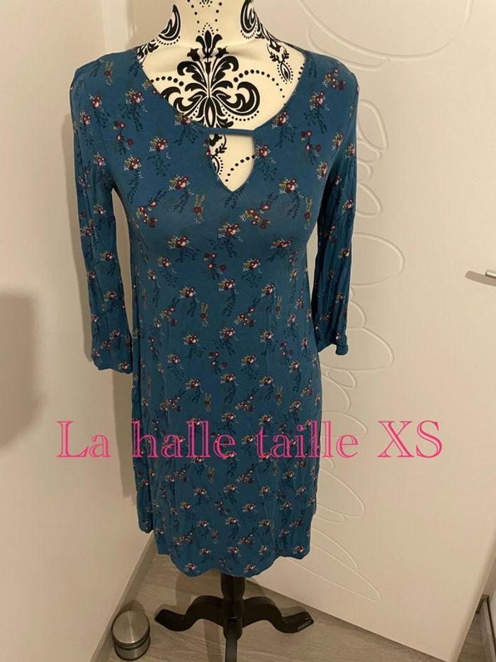 Robe manches 3/4 bleu canard fleurs multicolore la halle taille XS - photo numéro 1