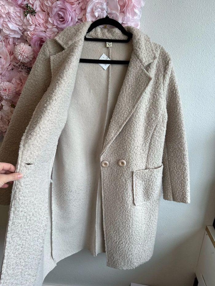 Manteau teddy, Fabriqué en Italie mi-long en bouclette crème, S/M - photo numéro 6