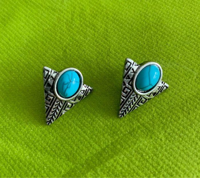 Belles boucles d’oreilles bleues turquoises triangle en alliage de zinc argenté - photo numéro 2