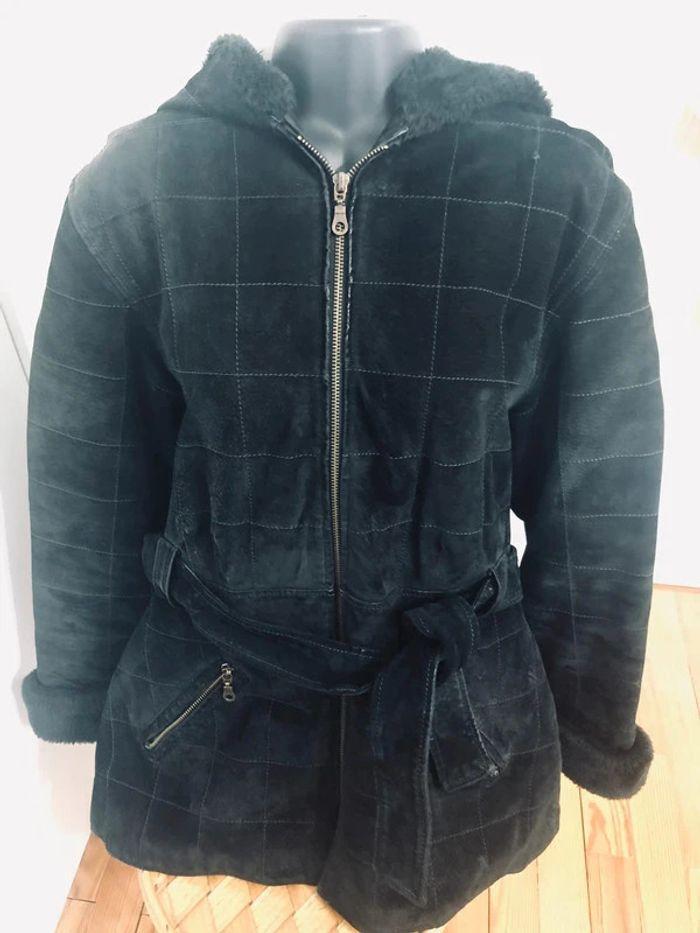 Manteau Parka Veste femme cuir véritable noir daim René Derhy M 38 - photo numéro 1