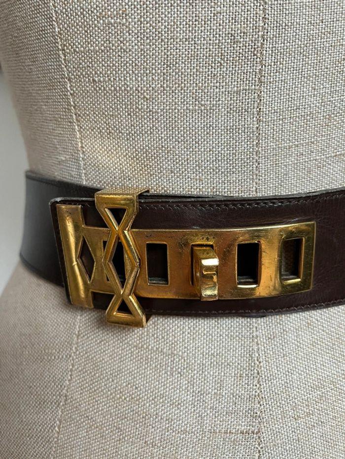 Ancienne ceinture Hermès Médor collier de chien en cuir marron et doré - photo numéro 2