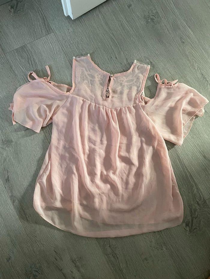 Blouse à manches courtes épaules ouverte rose dentelle taille 38 - photo numéro 5