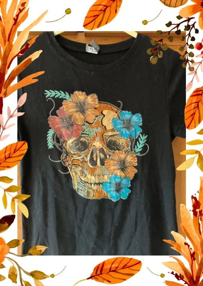 Tee shirt  noir manches courtes skull strass - photo numéro 2