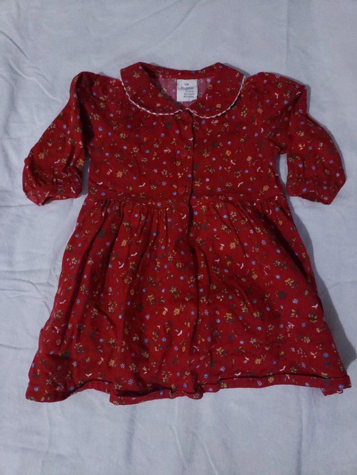 Robe chemise 12 mois fille rouge velours fleurs - photo numéro 1