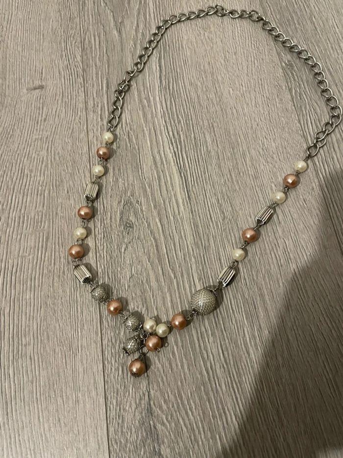 Collier sautoir gris argenté perles rose et blanc - photo numéro 2