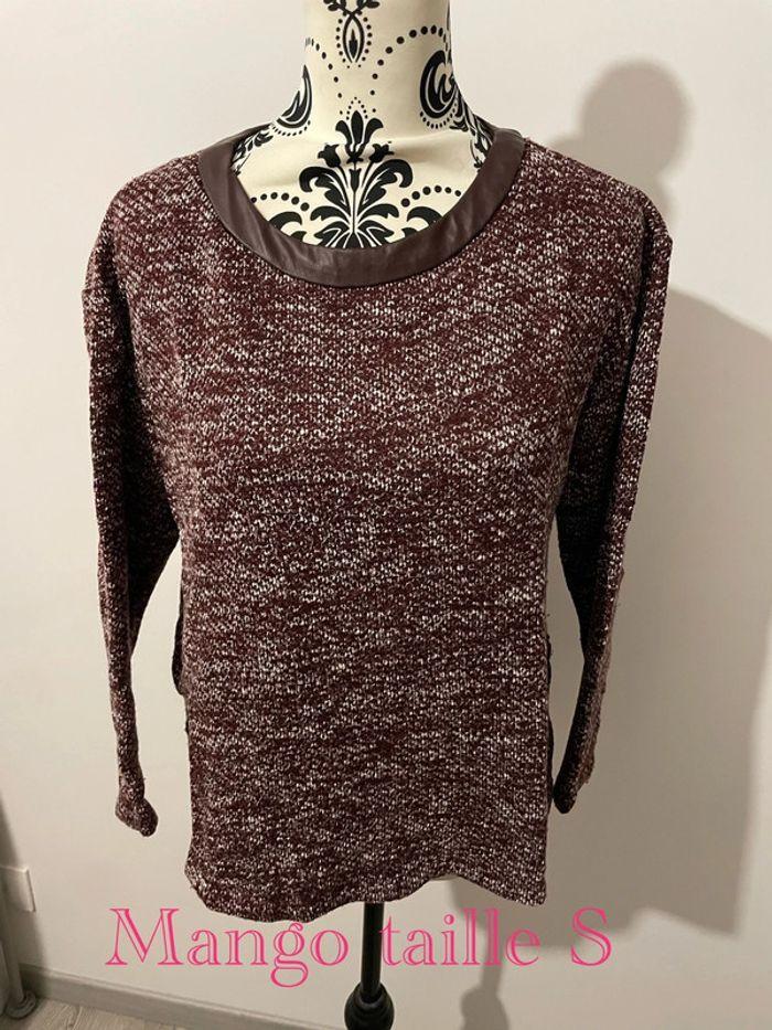 Pull à manches longues bordeaux et blanc col rond en similicuir mango taille S - photo numéro 1