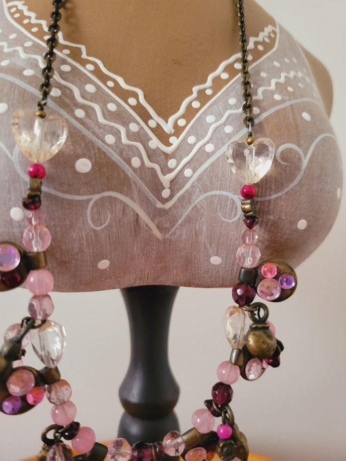 Collier style vintage perles roses strass faux diamants coeur - photo numéro 4