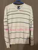 Pull manches longues col V blanc gris noir rayé by kool taille 16 ans