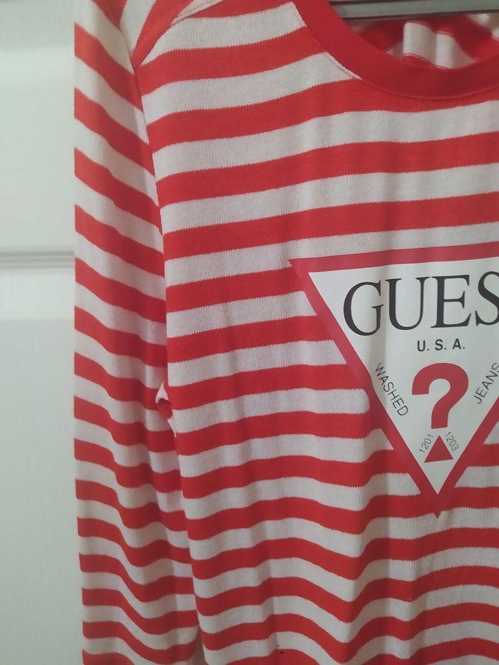 Pull Guess femme rouge et blanc rayé taille 36 - photo numéro 3