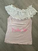 T-shirt a manche courte rose clair à dentelle blanc col élastique taille 36