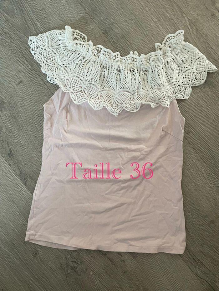 T-shirt a manche courte rose clair à dentelle blanc col élastique taille 36 - photo numéro 1