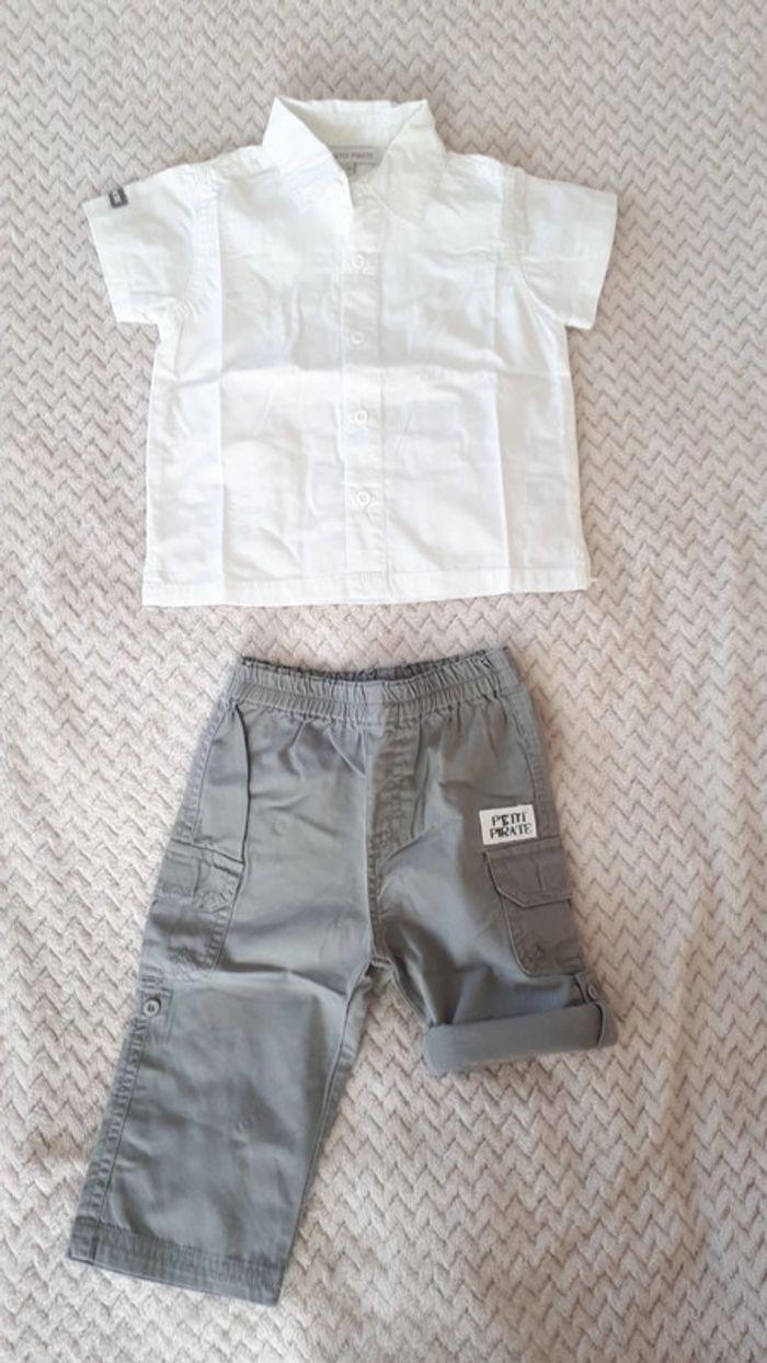 Ensemble garçon chemise et pantalon/short blanc gris Petit Pirate 12 mois neuf - photo numéro 6