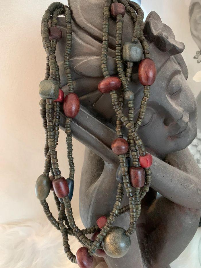 Collier multirang perles bois style africain tons marron et kaki - photo numéro 5