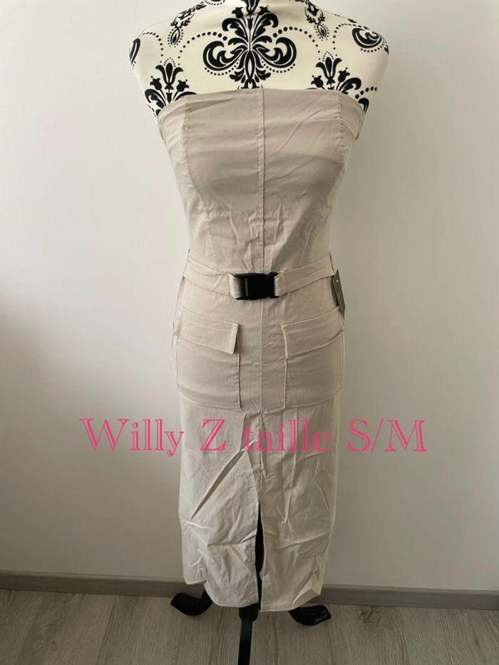 Robe beige bustier extensible mi longue poche et ceinture fendu devant neuf Willy Z taille S/M - photo numéro 1