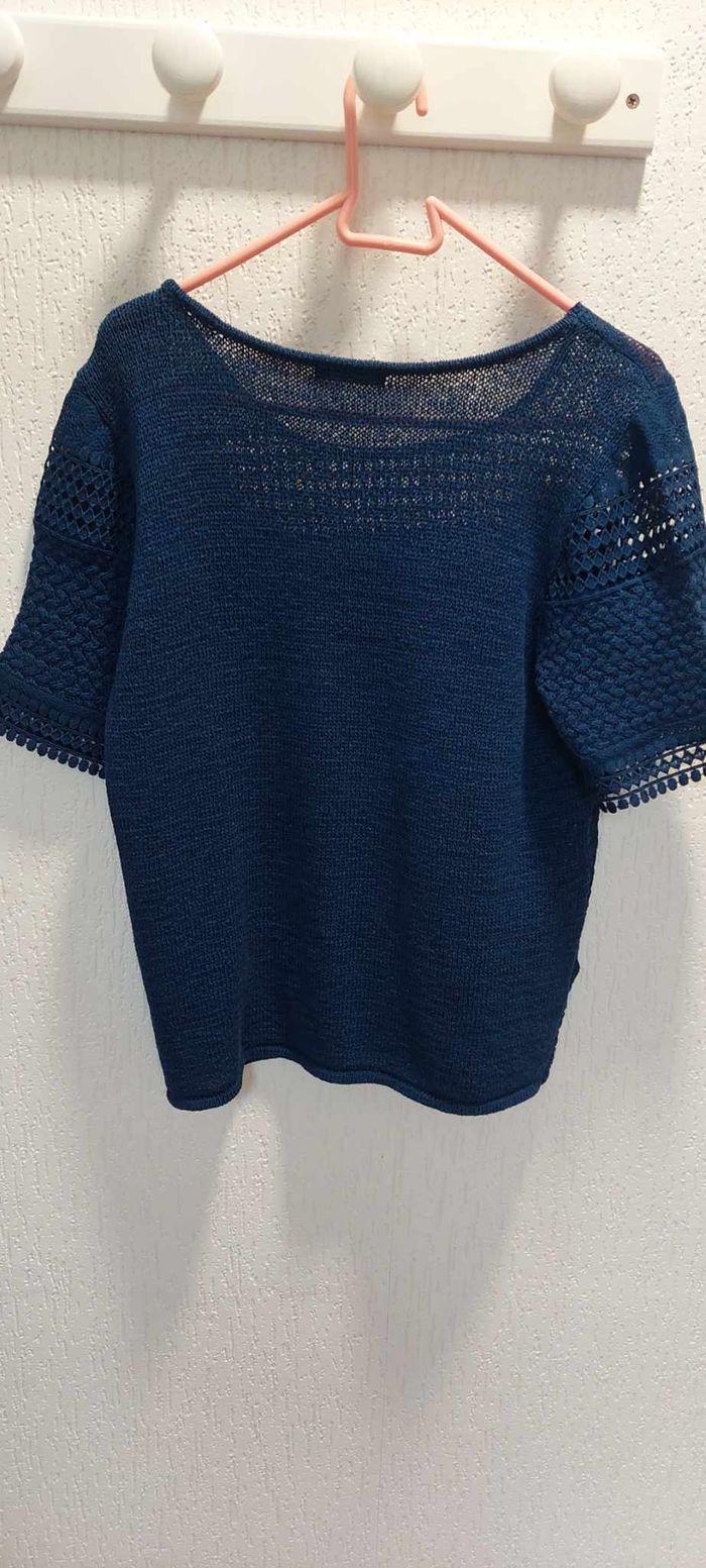 Très beau pull femme Bréal 4 (XL) manches courtes bleu marine maille ajourée excellent état - photo numéro 3