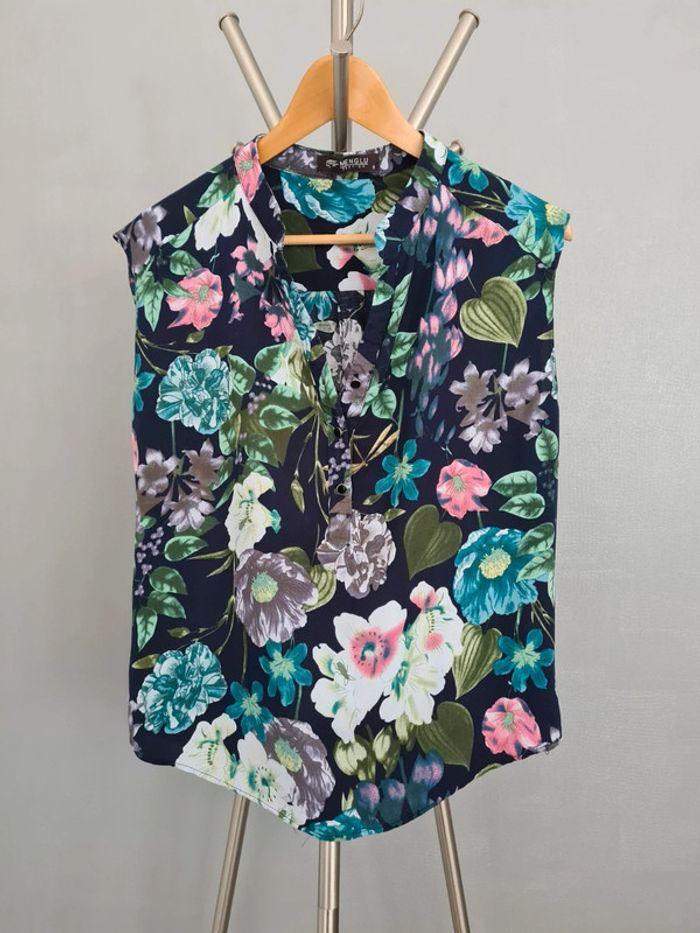 Haut blouse sans manche fleuri fleurs bleu rose S M 36 38 - photo numéro 5