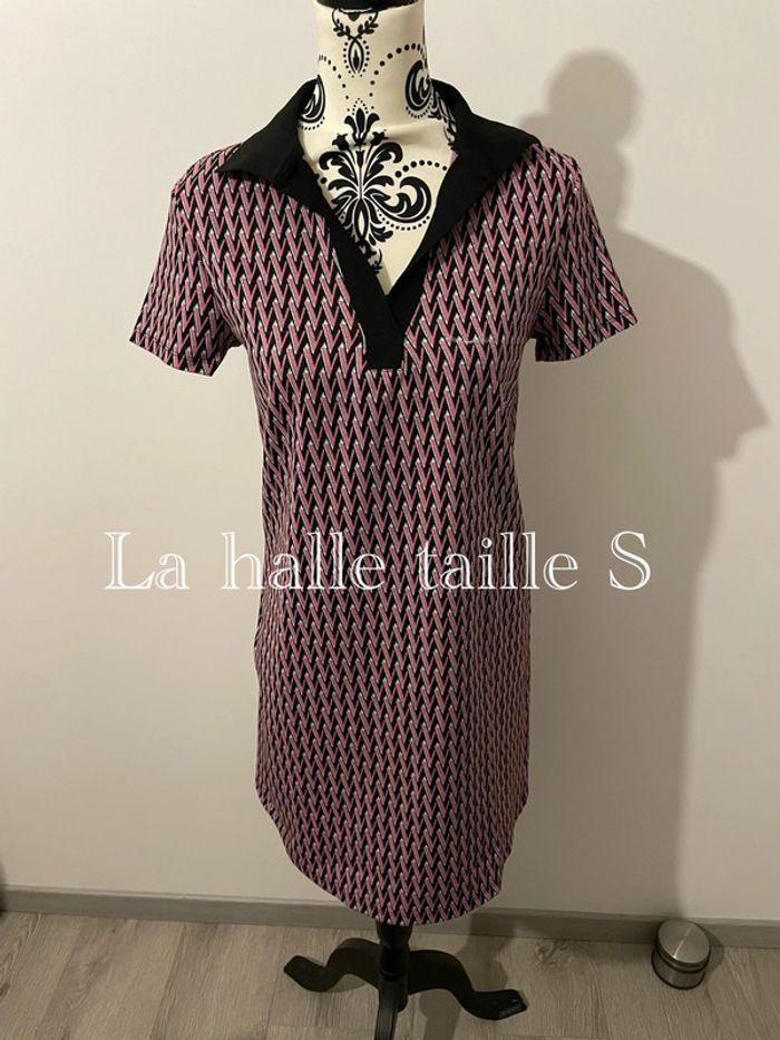 Robe à manches courtes col polo rose noir blanc à motifs la halle taille S - photo numéro 1