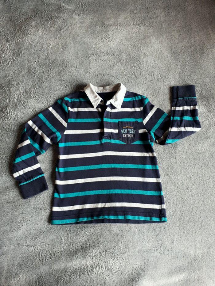 Polo manches longues bleu à rayures turquoise marine et blanc Orchestra 4 ans - photo numéro 1