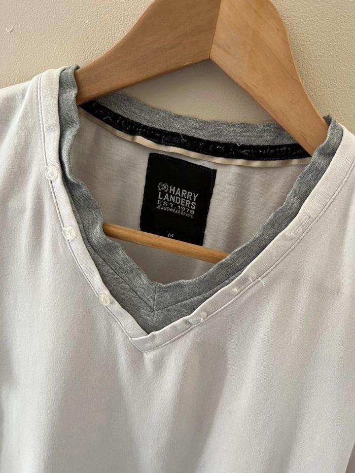 T-shirt coton blanc et gris double col V Harry Landers - photo numéro 4