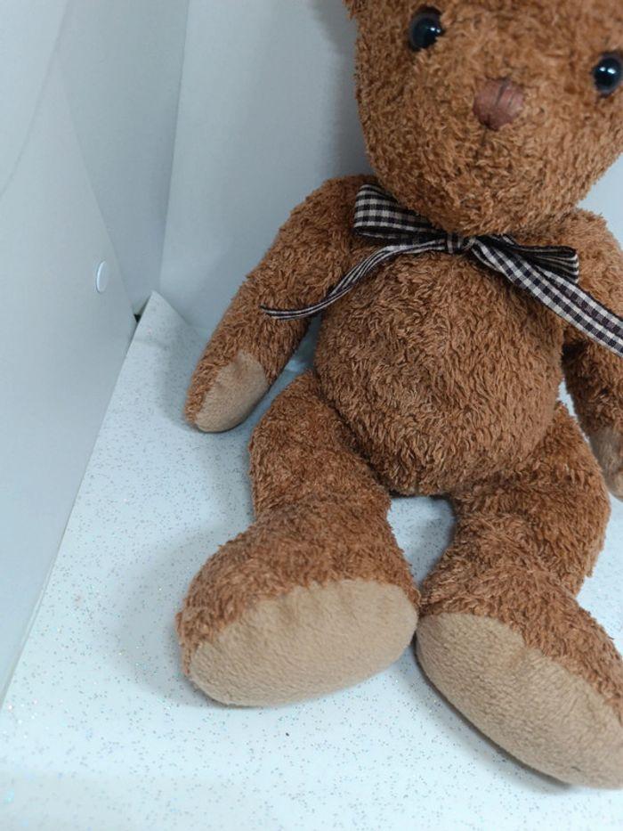 Nounours ours Teddy Bear peluche plush doudou caramel brun Brown marron bouclette nœud rayure - photo numéro 5