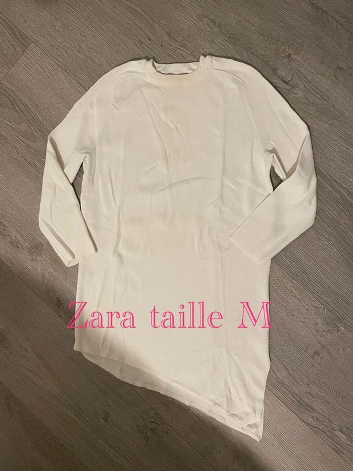 Pull manches 3/4 blanc bas asymétrique en pointe Zara taille M - photo numéro 1