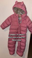 Combi  ski fermeture éclair zip capuche  9/12mois - rose   - 74/80 cm pocopiano  Neuf avec étiquette