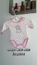 Body bodies manches longue bébé fille 3 mois / rose  - Marie aristochat disney neuf étiquette