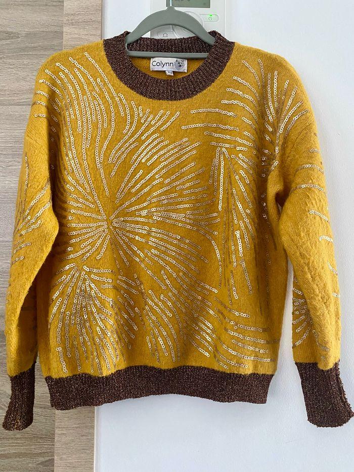 Pull hiver à paillettes moutarde marron jaune femme - photo numéro 1