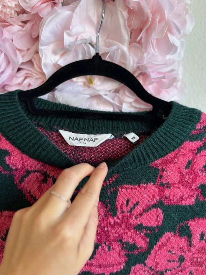 Pull Nafnaf en maille vert sapin à motifs fleuris roses, taille XS - photo numéro 4