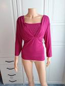 Tee-shirt top manches longues 3/4 strass Damart rose fushia taille 46 XXXL