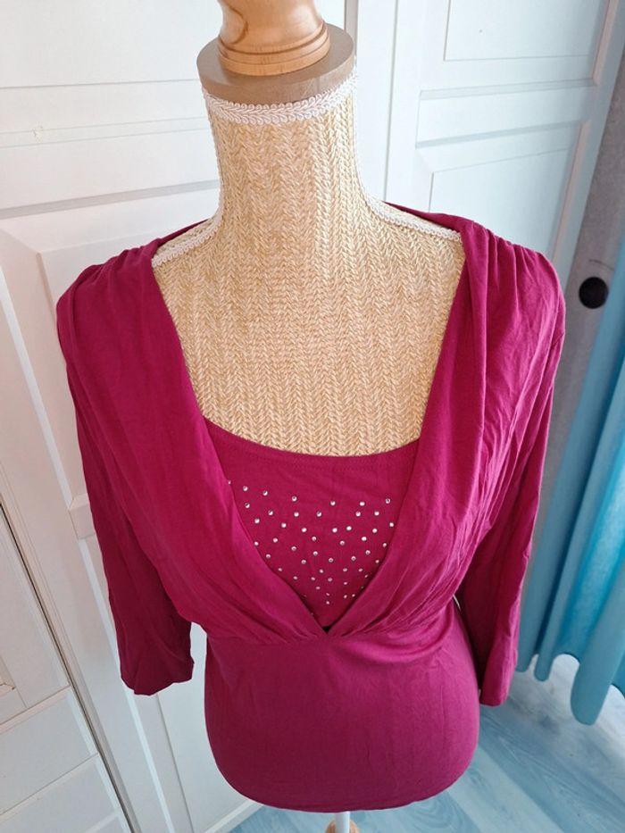 Tee-shirt top manches longues 3/4 strass Damart rose fushia taille 46 XXXL - photo numéro 14