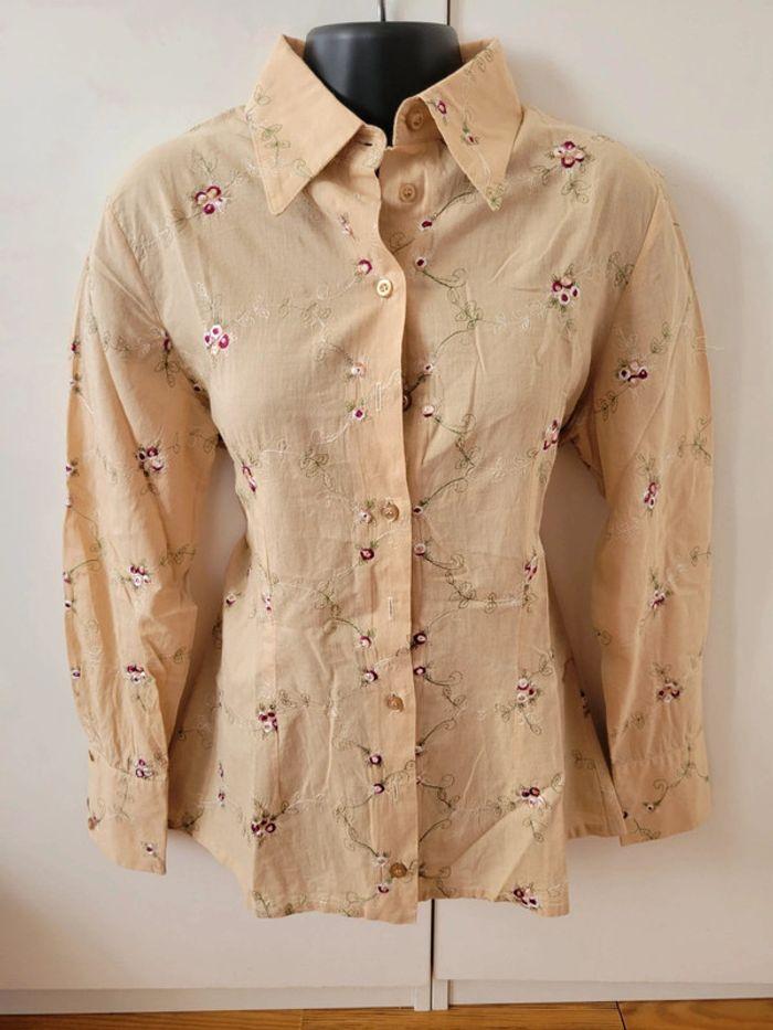 Chemise chemisier marron beige motifs fleurs roses Cottonade Paris taille 42 / XL - photo numéro 1