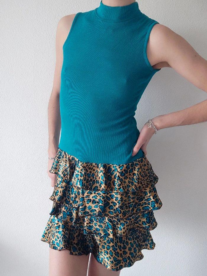 Mini robe moulante turquoise froufrou léopard y2k / Insolente Paris 🇨🇵 36/S à 38/M - photo numéro 3