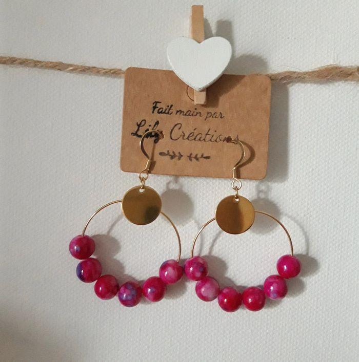 Boucles d'oreilles hypoallergéniques créoles et perles fuchsia LC114 - photo numéro 1