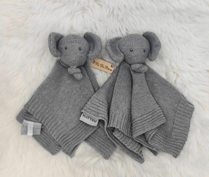 Lot de 2 Doudou plat carré Éléphant Gris Tembo Nattou Tricot - photo numéro 1