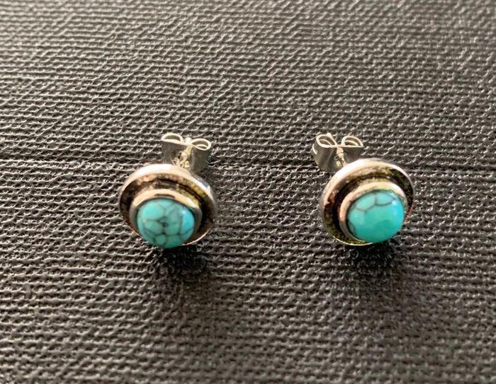 Boucles d’oreilles vintage bleues turquoises et argentées - photo numéro 1