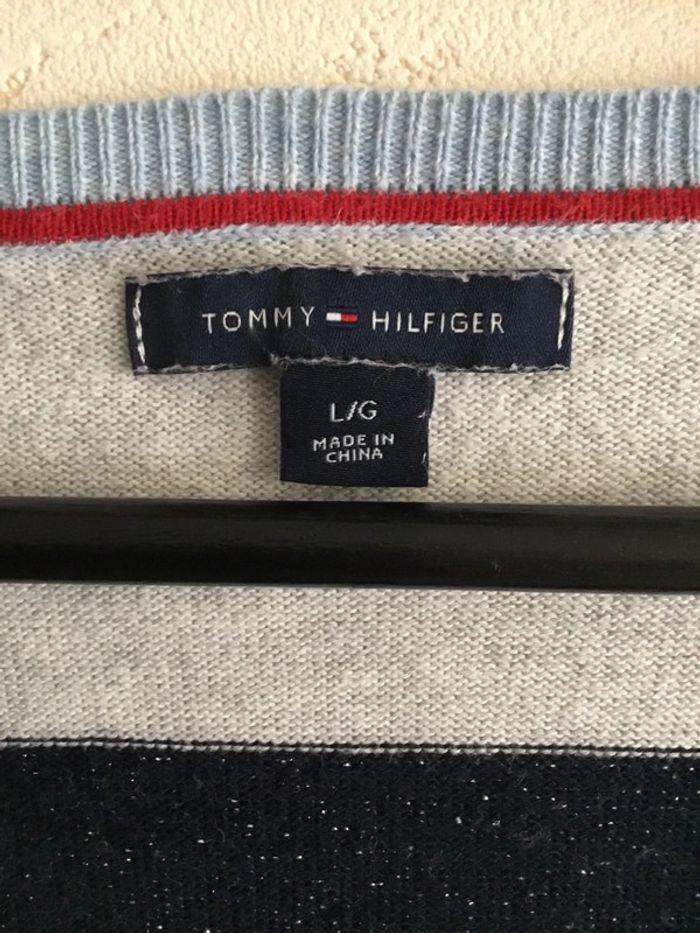 Pull pour femme Tommy Hilfiger bleu tricolore col en V taille L 055 - photo numéro 4