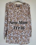 New Man Blouse Manches 3/4 TFr36 -Blanc&Marron- Légère & Imprimé Floral - Col Tunisien - TBE