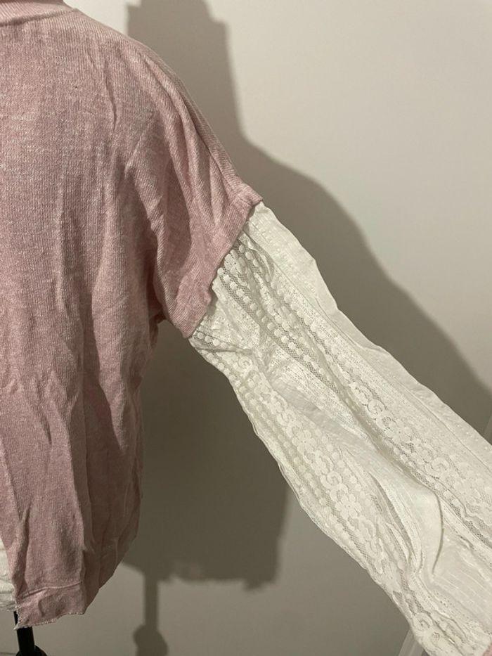 Pull à manches longues effet chemise rose clair et blanc taille 38 - photo numéro 5