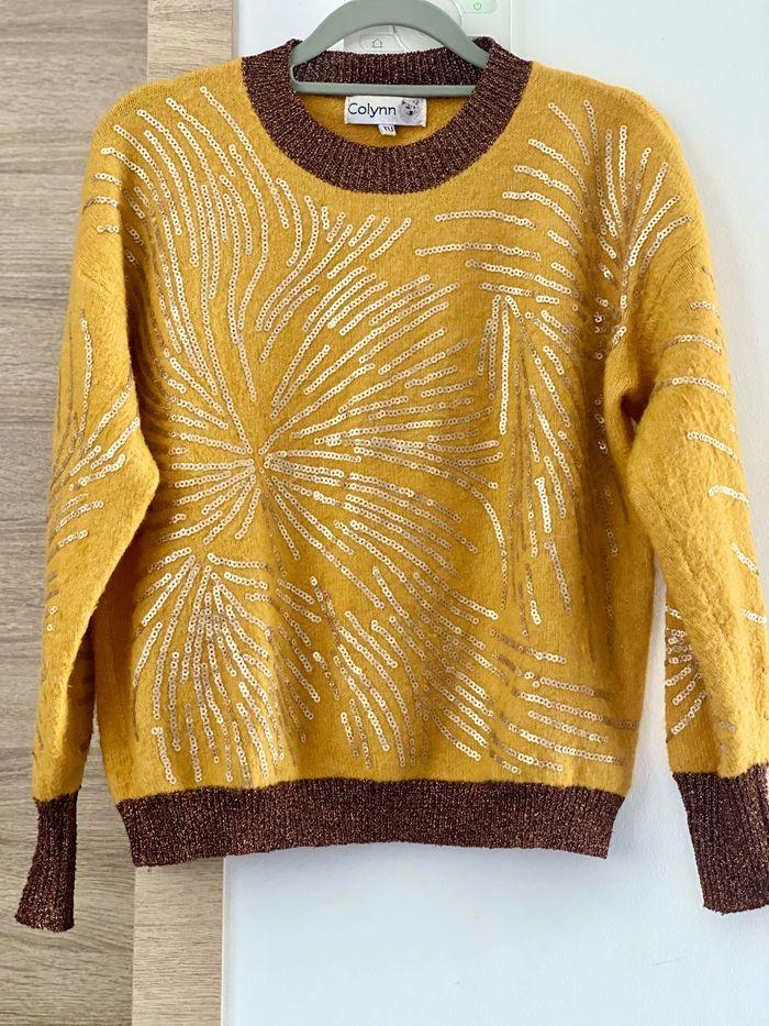 Pull hiver à paillettes moutarde marron jaune femme - photo numéro 7