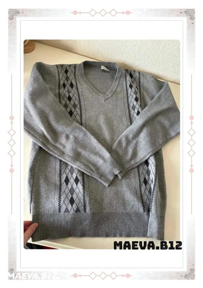 Pull gris motif carreaux noir gris vintage 80s col V taille L unisexe - photo numéro 3